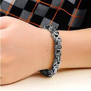 STAINLESS STEEL SILVER BYZANTINE MECHANIC SILVER BLACK BIKER BRACELET
